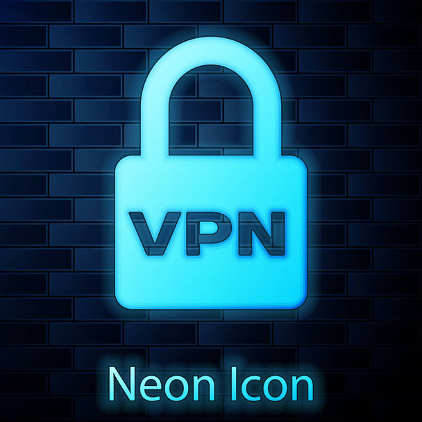 Λαμπερό είδωλο κλειδώματος νέου VPN απομονώνεται σε φόντο τοίχου τούβλο. Απεικόνιση διανυσματικών φορέων - Διάνυσμα, εικόνα