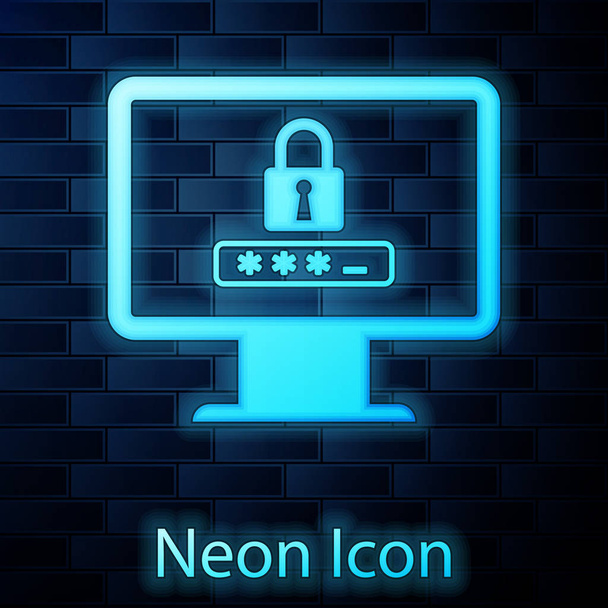 レンガの壁の背景に隔離されたパスワード通知とロックアイコンと輝くネオンモニター。セキュリティ、個人アクセス、ユーザー承認、ログインフォームの概念。ベクトルイラストレーション - ベクター画像
