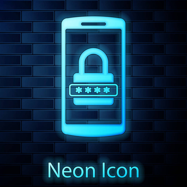 Glowing neon Mobile phone and password protection icon isolated on brick wall background. Security, safety, personal access, user authorization, privacy. Vector Illustration - Vector, Image