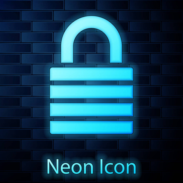 Ragyogó neon Lock ikon elszigetelt téglafal háttér. Lakat jel. Biztonság, biztonság, védelem, adatvédelem. Vektorillusztráció - Vektor, kép