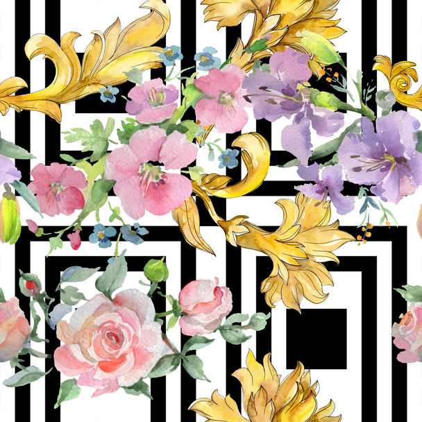 Bouquet floral botanical flowers. Watercolor background illustration set. Seamless background pattern. - Valokuva, kuva