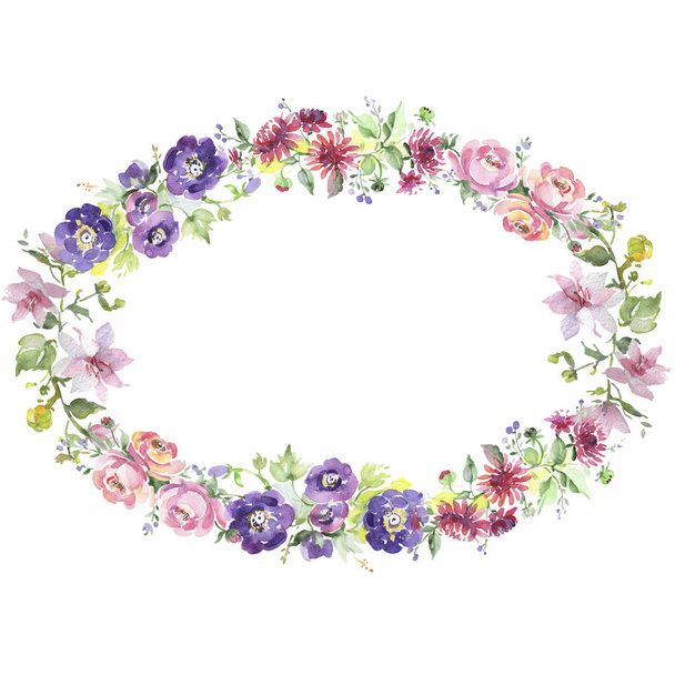 Bouquet floral botanical flowers. Watercolor background illustration set. Frame border ornament square. - Foto, imagen