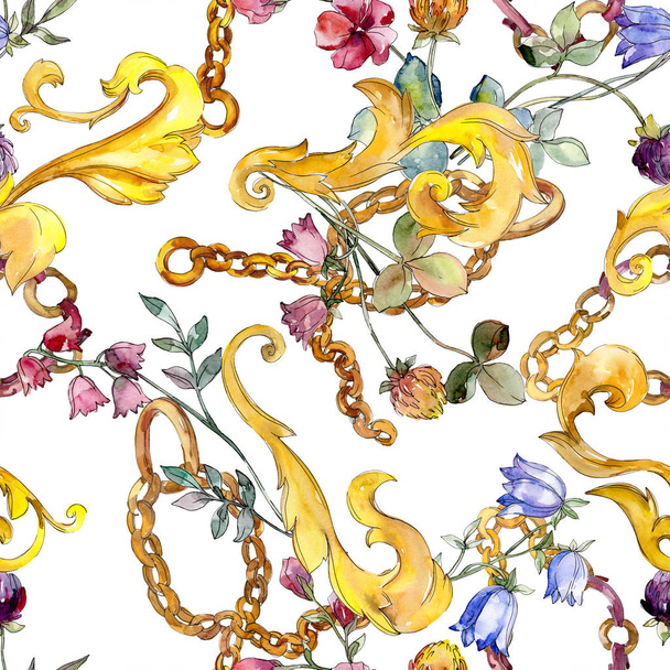 Gold monogram floral ornament. Watercolor background illustration set. Seamless background pattern. - Foto, Imagem