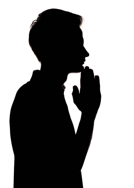чорно-білий силует портрет невпізнаваного чоловіка з рукою на підборідді мислення, хлопець стикається з профілем на білому ізольованому тлі, концепція проблеми підлітка та емоційний стрес
 - Фото, зображення
