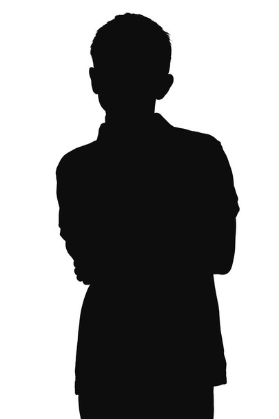 Silhouette eines Mannes, der nachdenklich nach oben blickt auf einem weißen, isolierten Hintergrund - Foto, Bild