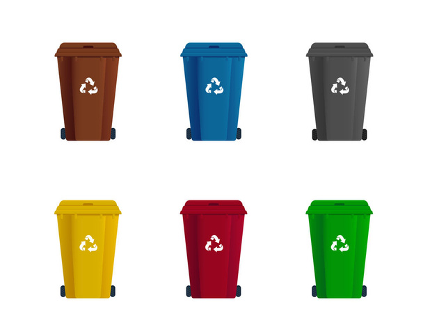 ゴミ箱またはゴミ箱のセット。ゴミの並べ替え。リサイクル廃棄物 - ベクター画像