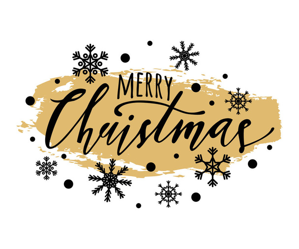 Vector Merry Christmas illustration with gold glitter effect, snowflakes and hand drawn lettering on black background. Creative typography for holiday greeting poster. - Vektör, Görsel