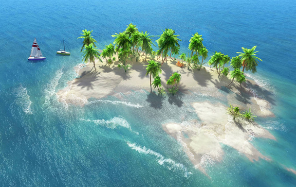 Písečná pláž na tropickém ostrově s kokosovými palmami. Malé plachetnice u pobřeží. - Fotografie, Obrázek