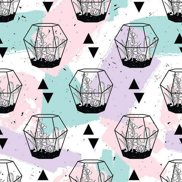 Vector hand drawn seamless pattern with geometric and brush painted elements, triangles, cactuses and succulents in terrariums. Modern scandinavian design. Pastel colors. - Vector, Image