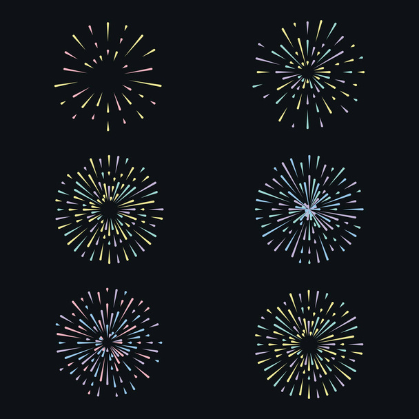 Vector set with colorful fireworks on dark background - Vector, Image