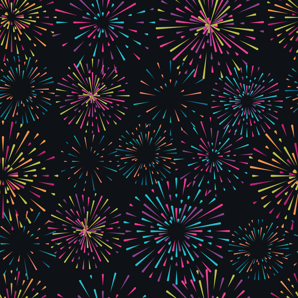 Διανυσματικό μοτίβο με διαφορετικά πολύχρωμα πυροτεχνήματα σε σκούρο φόντο - Διάνυσμα, εικόνα