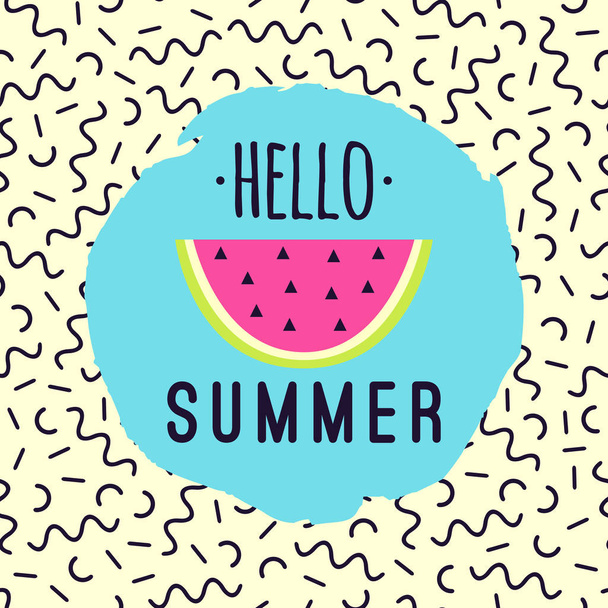 Vektorillustration "hallo Sommer" mit Wassermelone und Memphis-geometrischem Muster. - Vektor, Bild