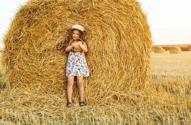 Adorable girl in rye field on sunset with a basket of bread. - Photo, Image
