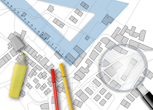 3D rendering of colored work tool over a cadastral map of territ - Photo, Image