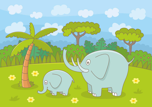 Anne fil ve yavru fil. Komik karikatür ve vektör illüstrasyon - Vektör, Görsel