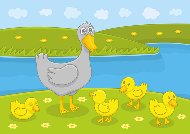 Mother duck and ducklings. Funny cartoon and vector illustration - Vetor, Imagem