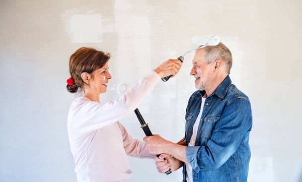 Senior couple painting walls in new home, having fun. Relocation concept. - Foto, imagen