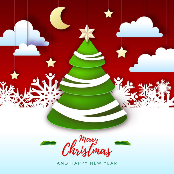 Vektorová ilustrace veselého vánočního přání s vánočním stromkem. Origami. Vystřihněte návrh stylu papíru - Vektor, obrázek