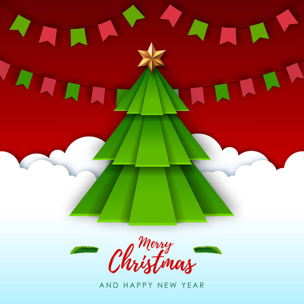 Vector illustration of Merry Christmas greeting card with christmas tree. Origami. Cut out paper art style design - Vector, Image