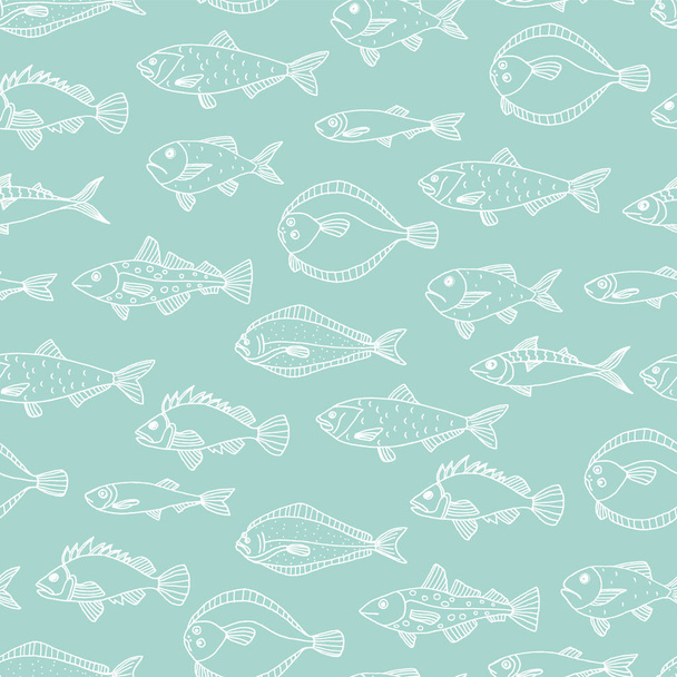 Vector seamless pattern of white fish outlines - Vector, afbeelding