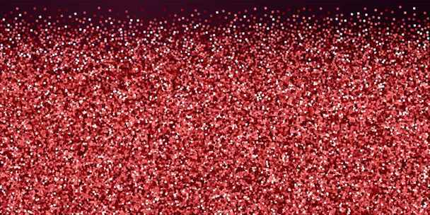 Red gold glitter luxury sparkling confetti. Scattered small gold particles on red maroon background. Brilliant festive overlay template. Positive vector illustration. - Vector, Image