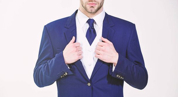 Stylish details business appearance. Business style dress code. Male hands adjusting business suit close up. Confident in his style. Business people choose formal clothing. Every detail matters - Photo, Image