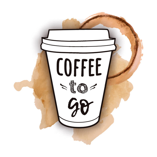 Vector illustration of a take away coffee cup with phrase "Coffee to go" with watercolor splashes of spilled coffee. Vintage drawing for drink and beverage menu or cafe design. - Vetor, Imagem