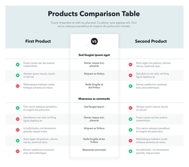 Infográfico simples para tabela de comparação de produtos. Fácil de usar para o seu site ou apresentação isolada em fundo claro
. - Vetor, Imagem