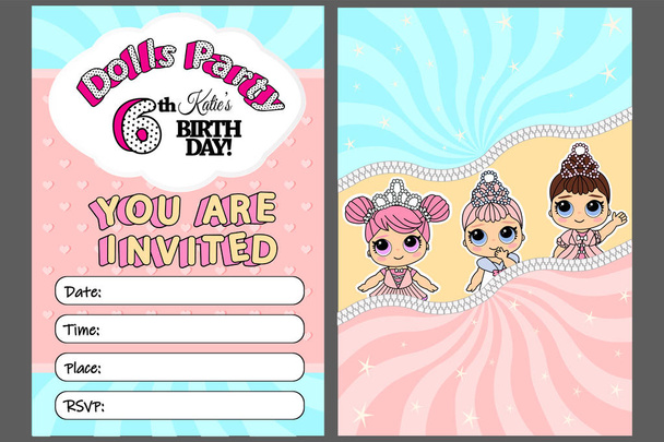 小さな女の子のための招待状のピンクベクトルテンプレート。人形プリンセススタイルでかわいいイラストキッズ誕生日パーティー。印刷可能なカラフルな招待。テキスト、画像、フォトフレームを配置します。ジッパーボーダー - ベクター画像
