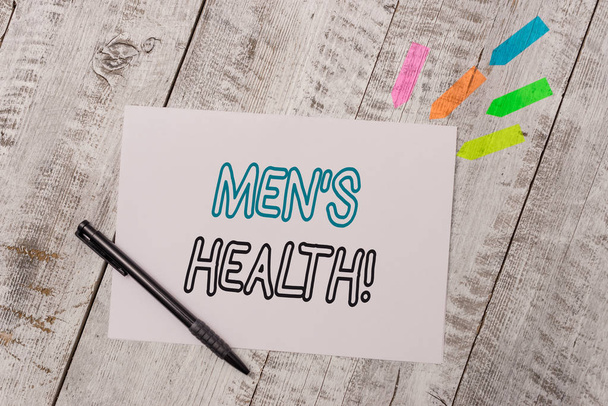 Handwriting text Men S Health. Concept meaning state of complete physical mental and social well being by analysis Plain note paper and line arrow stickers with pen above the wooden table. - Photo, Image