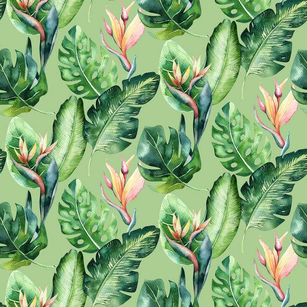 Seamless watercolor pattern of tropical leaves, aloha jungle illustration. Hand painted palm leaf. Texture with tropic summer time used as background, wrapping paper, textile or wallpaper design. - Photo, Image