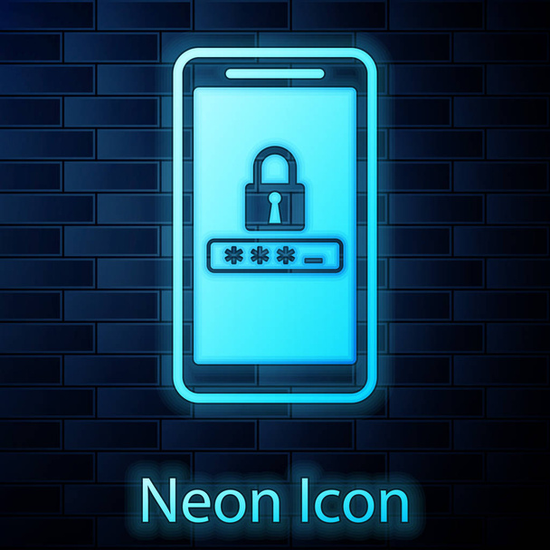 Planoucí neonové ikony ochrany mobilního telefonu a hesla izolované na pozadí cihlové zdi. Zabezpečení, bezpečnost, osobní přístup, autorizace uživatele, ochrana osobních údajů. Vektorová ilustrace - Vektor, obrázek