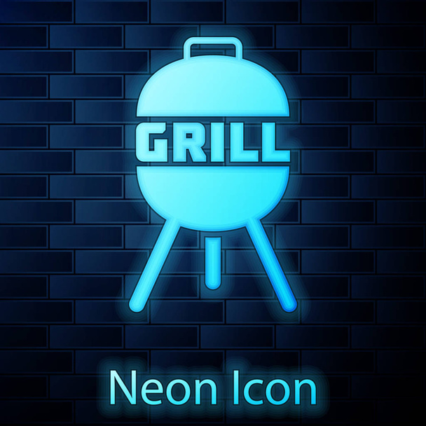 Ragyogó neon grill ikon elszigetelt téglafal háttér. Grillsütő parti. Vektorillusztráció - Vektor, kép
