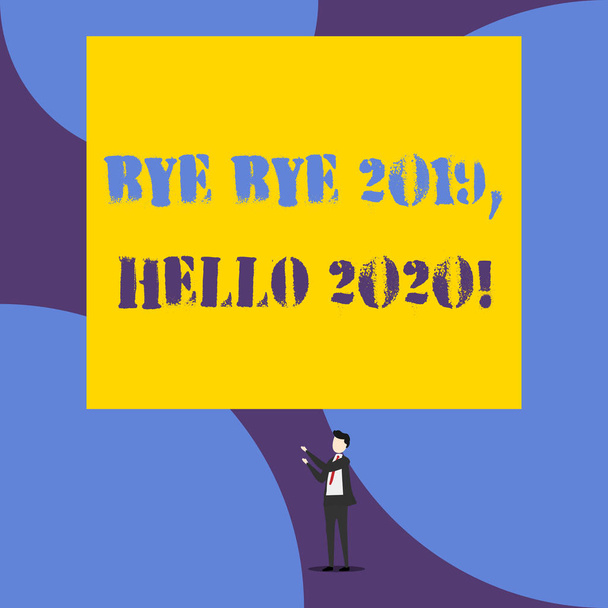 Szöveg jel mutatja bye bye 2019 Hello 2020. Konceptuális fotó búcsúzik tavaly, és üdvözölve egy jó egy elszigetelt érdekében fiatal férfi állva felfelé mutatva két kézzel nagy téglalap. - Fotó, kép