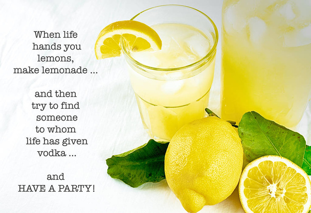 Natureza morta de limonada fresca e limões e folhas verdes com texto humorístico
. - Foto, Imagem