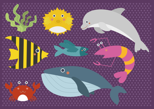 cute cartoon mariene zee dieren digitale clip art illustraties instellen - voor scrapbooking, kaart - Vector, afbeelding