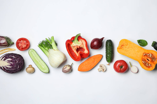 Flat lay composition with fresh ripe vegetables on white background - Φωτογραφία, εικόνα