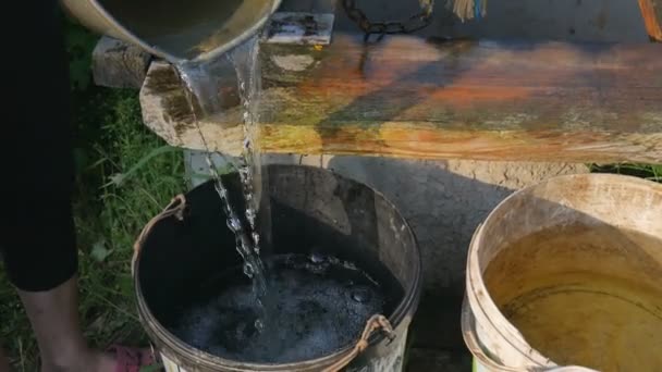 The girl pours water into the bucket. Woman drops chain with bucket into rustic well to draw water. - Footage, Video
