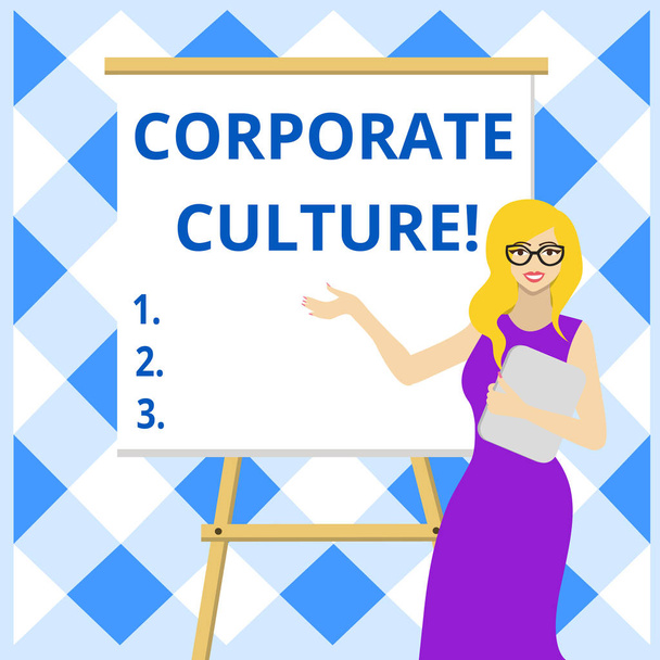 Conceptual hand writing showing Corporate Culture. Business photo showcasing beliefs and attitudes that characterize a company Female in Glasses Standing Whiteboard on Stand Presentation. - Photo, Image