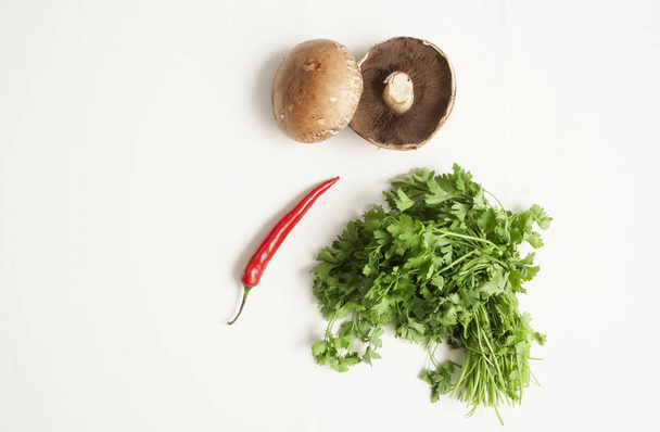 Fresh mushrooms , chili and parsley - Фото, зображення
