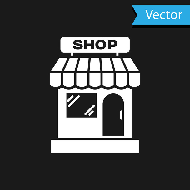 Wit winkel gebouw of markt winkel icoon geïsoleerd op zwarte achtergrond. Winkel bouw. Vector illustratie - Vector, afbeelding
