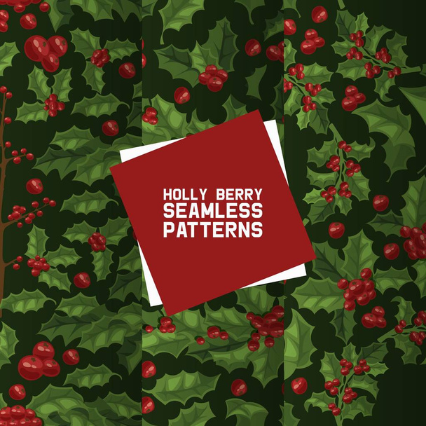 Holly bogyók zökkenőmentes minta vektor karácsonyi dekoráció Xmas téli ünnep hátterében illusztrálja a hagyományos díszítő piros bogyós zöld leveles üzem december háttér-készlet - Vektor, kép