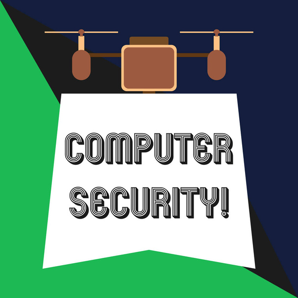 Text sign showing Computer Security. Conceptual photo protection of computer systems from theft or damage Drone holding downwards banner. Geometrical abstract background design. - Φωτογραφία, εικόνα