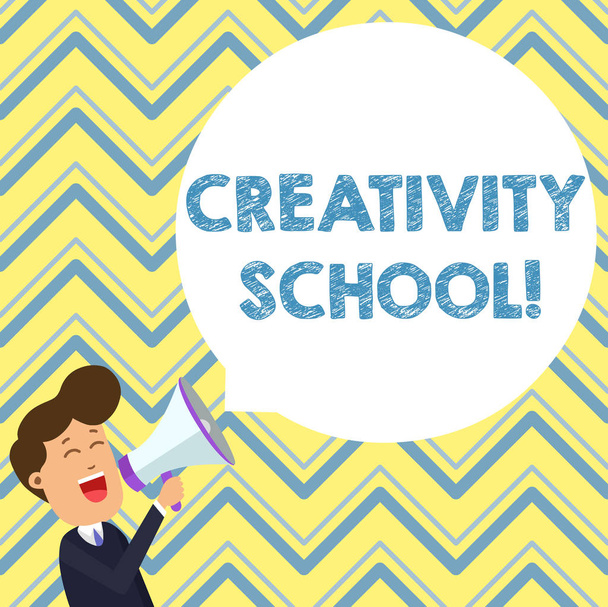 Conceptual hand writing showing Creativity School. Business photo text students are able to use imagination and critical thinking Young Man Shouting in Megaphone Floating Round Speech Bubble. - Foto, immagini