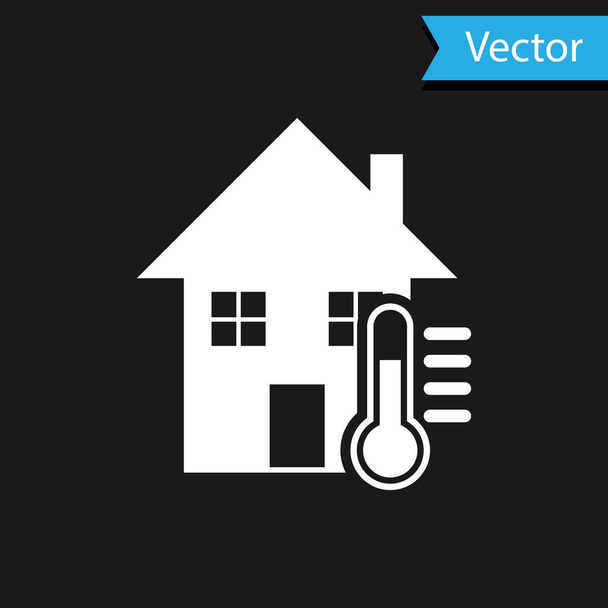Λευκό σπίτι εικονίδιο θερμοκρασίας απομονώνεται σε μαύρο φόντο. Εικονίδιο θερμόμετρου. Απεικόνιση διανυσματικών φορέων - Διάνυσμα, εικόνα