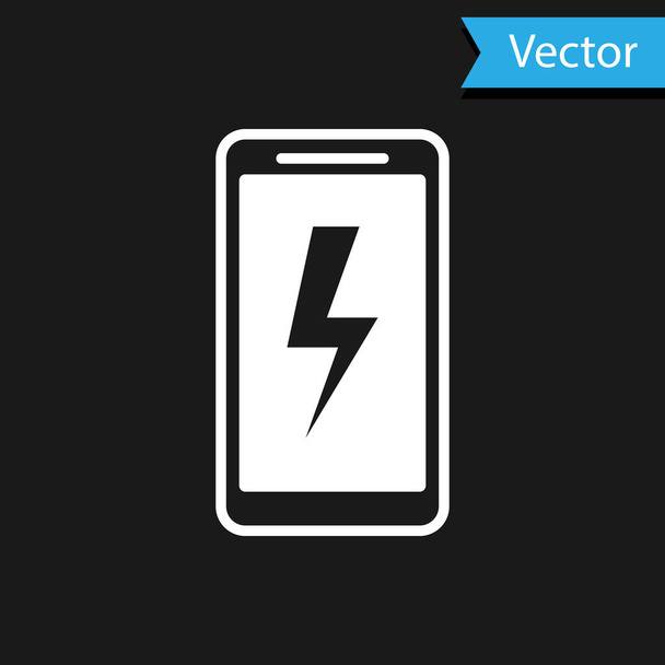 Icono de batería de carga de Smartphone blanco aislado sobre fondo negro. Teléfono con una carga de batería baja. Ilustración vectorial
 - Vector, Imagen