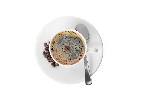 Cup of coffee with coffee beans and spoon isolated on white back - Photo, Image