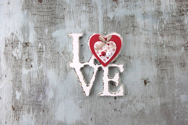 Valentine's day Retro top view, wooden decorative objects, Love background - Foto, imagen