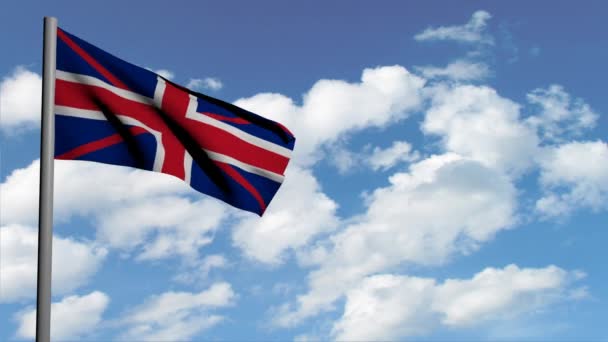 Britische Flagge auf Himmelshintergrund mit weißen Wolken, Computeranimation, Rendervideo - Filmmaterial, Video