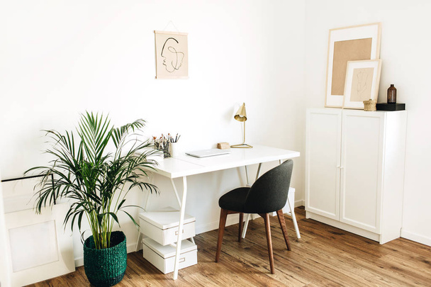 Nowoczesna minimalistyczna Skandynawska koncepcja wystroju wnętrz. Home Office Workspace ze stołem, krzesłem, palmą. Szafka robocza w stylu Freelancer. - Zdjęcie, obraz